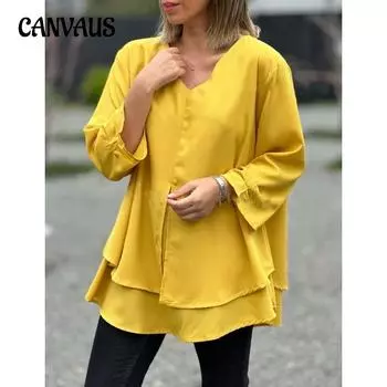 Весна и осень женская рубашка больших размеров однотонная повседневная футболка с V-образным вырезом S чёрный