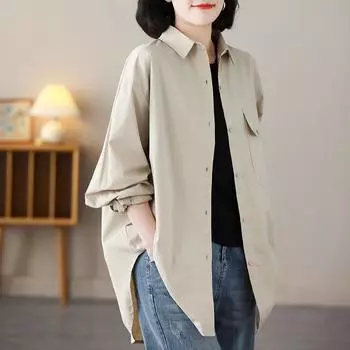 Весна и осень женская рубашка с вышивкой и инструментами женская свободная куртка-рубашка Lazy Wind XXL бежевый