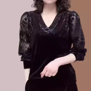 Весна и осень Женская сексуальная прозрачная кружевная лоскутная элегантная базовая футболка с V-образным вырезом и длинным рукавом Черный пуловер Топы XXXXXXL чёрный