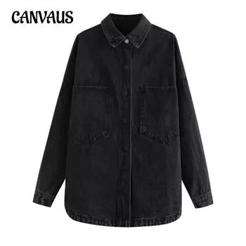 Весна и осень Женская уличная мода больших размеров джинсовая рубашка куртка XS чёрный