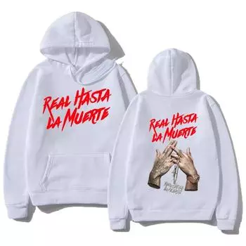 Весна и осень Женская унисекс с капюшоном Anuel AA Real Hasta La Muerte Печатная толстовка Уличная одежда Рэпер Свободный пуловер Повседневная толстовка с капюшоном L чёрный