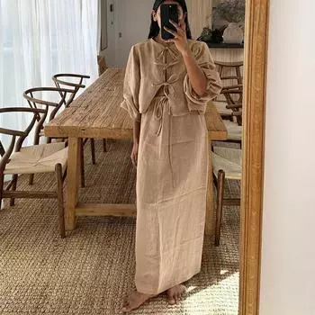Весна и осень женская винтажная одежда для чая, комплект с рубашкой и рукавами-фонариками, костюм с полуюбкой S хаки