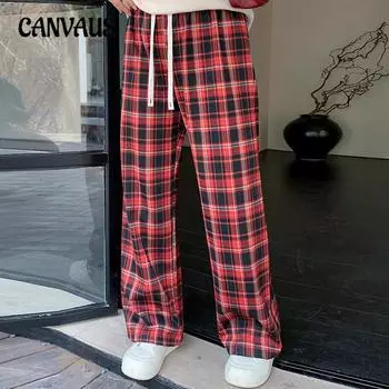 Весна и осень женские брюки больших размеров с эластичной резинкой на талии в клетку прямые брюки свободные широкие брюки XL чёрный