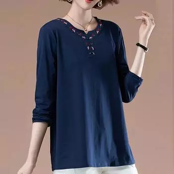 Весна и осень женские однотонные с круглым вырезом и длинным рукавом свободный низ с принтом и вышивкой на пуговицах модные повседневные офисные женские топы XXXXXXL синий