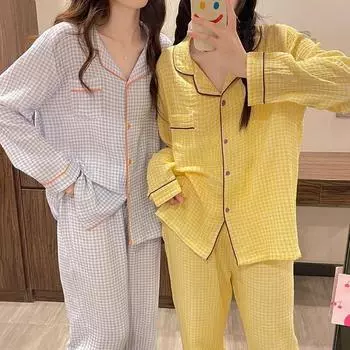 Весна и осень женские пижамы комплект домашней одежды пижамы для подруг женские модели в клетку для пар простые пижамы комплект домашней одежды M синий