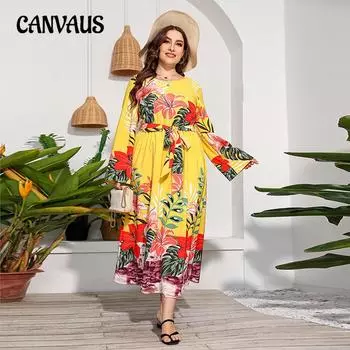 Весна и осень женские платья больших размеров с длинными рукавами и цветочным принтом Длинные платья с принтом в виде больших качелей 1XL жёлтый
