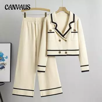 Весна и осень женские трикотажные широкие брюки короткие маленькие ароматные модные повседневные брючные костюмы One Size абрикосовый