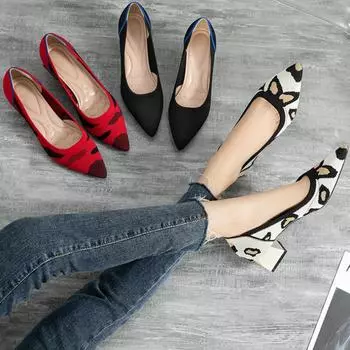 Весна и осень женские туфли на высоком каблуке 2024 новые дышащие трикотажные туфли на неглубоком каблуке модные туфли на остром квадратном каблуке 35-43 35 абрикосовый