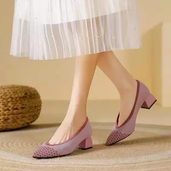 Весна и осень женские высокие туфли 2025 новые модные остроносые вязаные дышащие удобные нескользящие рабочие туфли на резиновой подошве 34