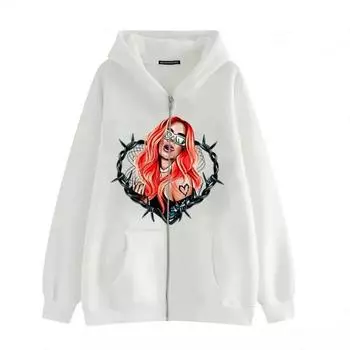 Весна и осень женский кардиган на молнии с капюшоном принтованный свитер женская одежда S