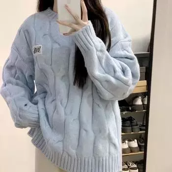 Весна и осень женский новый свободный утолщенный вязаный свитер S светло-синий