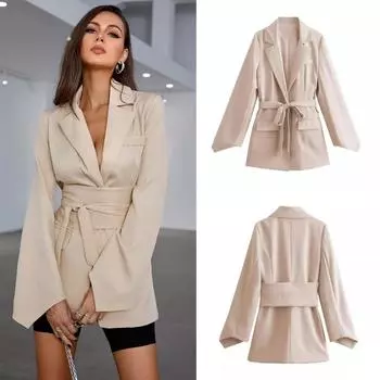 Весна и осеньЖенский офисный женский однотонный блейзер с поясом, свободный длинный блейзер с лацканами, свободный заправленный блейзер, повседневный блейзер для женщин S бежевый