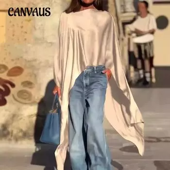 Весна и осень женский плюс размер однотонный асимметричный подол свободный модный длинный рукав топ S абрикосовый