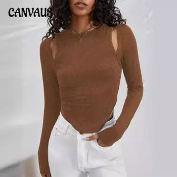 Весна и осень женский полый нерегулярный круглый вырез вязаный сексуальный модный топ с длинными рукавами S чёрный