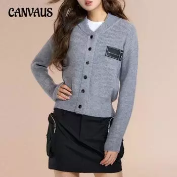 Весна и осень женский ретро короткий модный свитер вязаный кардиган повседневная свободная куртка с длинным рукавом One Size серый