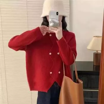 Весна и осень женский вязаный кардиган куртка 2024 новый иностранный стиль круглый вырез длинный рукав дизайн универсальный свитер топ one size fits all фиолетовый