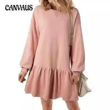 Весна и осень Женский вырез крест-накрест круглый вырез длинный рукав повседневный свитшот большого размера платье S чёрный