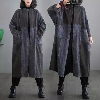Весна и осень Женское джинсовое пальто сшитое из хлопка пуговицы Повседневная винтажная длинная куртка Свободная куртка больших размеров для похудения Кардиган