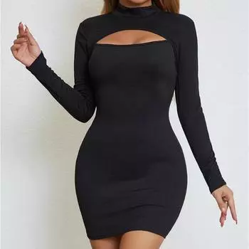 Весна и осень Женское Новое однотонное сексуальное облегающее модное платье с длинными рукавами XS чёрный