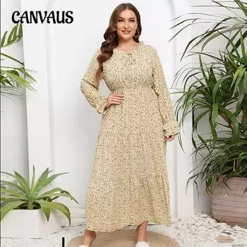 Весна и осень Женское платье больших размеров с цветочным принтом Супер Фея Круглый вырез Рукав-лепесток Свежие милые длинные платья L бежевый