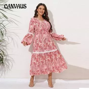 Весна и осень Женское платье больших размеров в этническом стиле с принтом Длинные платья в стиле пэчворк с V-образным вырезом 1XL розовый