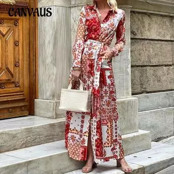 Весна и осень Женское платье Модные принтованные платья-рубашки в стиле бохо S красный