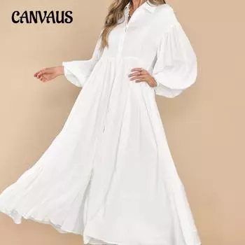 Весна и осень Женское повседневное однотонное платье больших размеров с пуговицами на лацканах с длинным рукавом и складками Очень длинное платье S белый