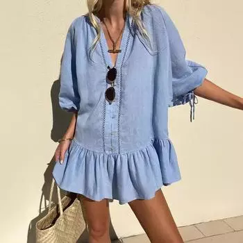 Весна и осень Женское синее темпераментное свободное платье-рубашка с V-образным вырезом Короткое платье S небесно-голубой