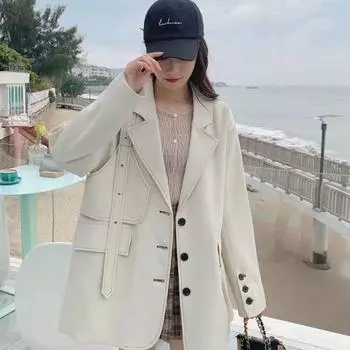 Весна и осень Женское свободное универсальное пальто с длинным рукавом Черный блейзер с поясом большого размера S чёрный