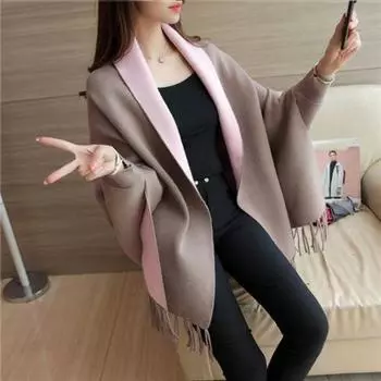 Весна и осень зима кардиган вязаный свободный плащ шаль топ универсальный кисточка накидка теплое пальто one size хаки