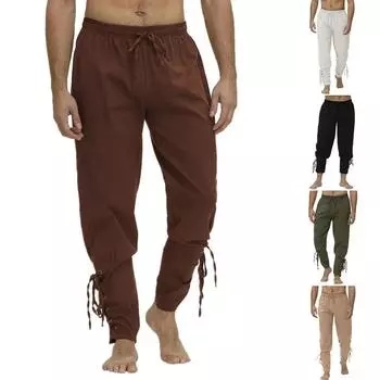 Весна и осень зима мужские леггинсы хлопковые и конопляные брюки с ремешком на щиколотке брюки средневековые викингские пиратские повседневные M белый