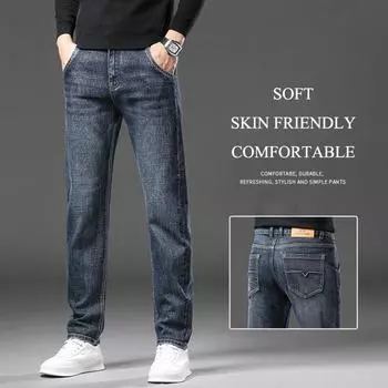 Весна и осень зима мужские плюшевые/тонкие джинсы высокого класса модные деловые свободные эластичные прямые трубчатые универсальные повседневные брюки 28