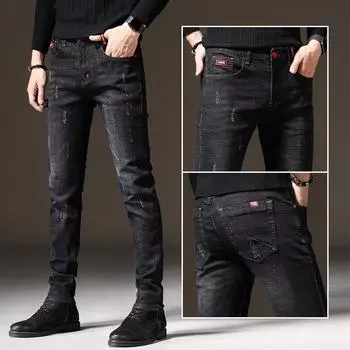 Весна и осень зима новые мужские обычные джинсы облегающие прямые эластичные деловые универсальные длинные брюки 28