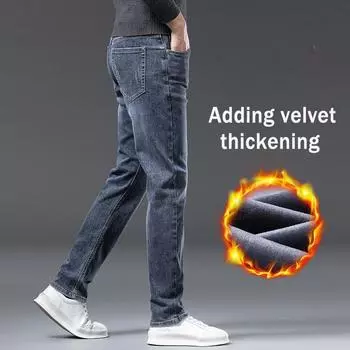 Весна и осень зима новые мужские плюшевые джинсы стройнящие прямые эластичные деловые универсальные длинные брюки 28