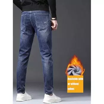 Весна и осень зима новые мужские плюшевые/обычные джинсы облегающие прямые эластичные деловые универсальные длинные брюки 28