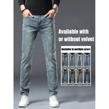 Весна и осень зима новые мужские плюшевые/обычные джинсы облегающие прямые эластичные деловые универсальные длинные брюки 28