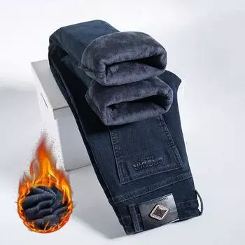 Весна и осень зима новые мужские плюшевые/обычные джинсы облегающие прямые эластичные деловые универсальные длинные брюки 28