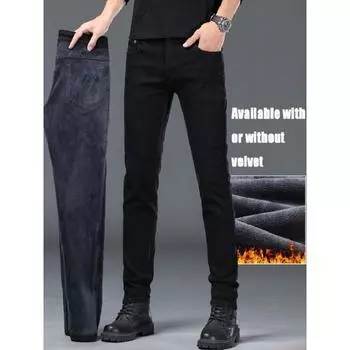 Весна и осень зима новые мужские плюшевые/обычные джинсы облегающие прямые эластичные деловые универсальные длинные брюки 28 чёрный