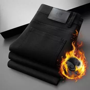 Весна и осень зима новые мужские плюшевые/обычные джинсы облегающие прямые эластичные деловые универсальные длинные брюки 28 чёрный