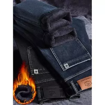Весна и осень зима новые мужские плюшевые джинсы стройнящие прямые эластичные деловые универсальные длинные брюки 28