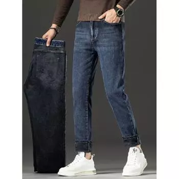 Весна и осень зима новые мужские плюшевые/обычные джинсы облегающие прямые эластичные деловые универсальные длинные брюки 28