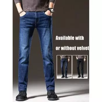 Весна и осень зима новые мужские плюшевые/обычные джинсы облегающие прямые эластичные деловые универсальные длинные брюки 28