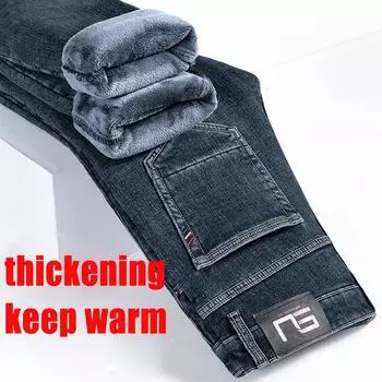 Весна и осень зима новые мужские плюшевые/обычные джинсы облегающие прямые эластичные деловые универсальные длинные брюки 28
