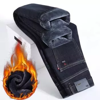 Весна и осень зима новые мужские плюшевые джинсы стройнящие прямые эластичные деловые универсальные длинные брюки 28