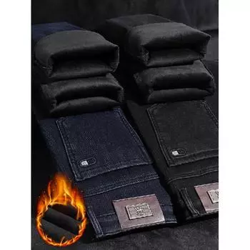 Весна и осень зима новые мужские плюшевые/обычные джинсы облегающие прямые эластичные деловые универсальные длинные брюки 29