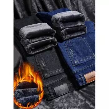 Весна и осень зима новые мужские плюшевые/обычные джинсы облегающие прямые эластичные деловые универсальные длинные брюки 28