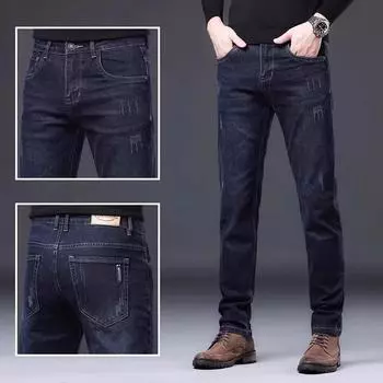 Весна и осень зима новые мужские плюшевые/обычные джинсы облегающие прямые эластичные деловые универсальные длинные брюки 28