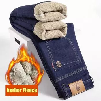 Весна и осень зима новые мужские плюшевые джинсы стройнящие прямые эластичные деловые универсальные длинные брюки 28