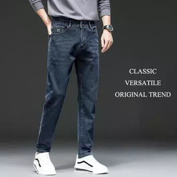 Весна и осень зима тонкий стиль новые мужские сине-серые джинсы облегающие прямые модные повседневные длинные брюки 28
