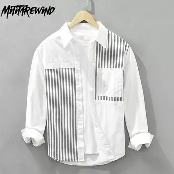 Весна-лето 100 хлопок с длинным рукавом белая рубашка мужская квадратная лоскутная полосатая рубашка корейская мода мужская рубашка повседневные повседневные топы M белый